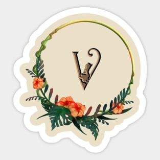 Circle frame with tropical flowers and girl figure around letter V Sticker